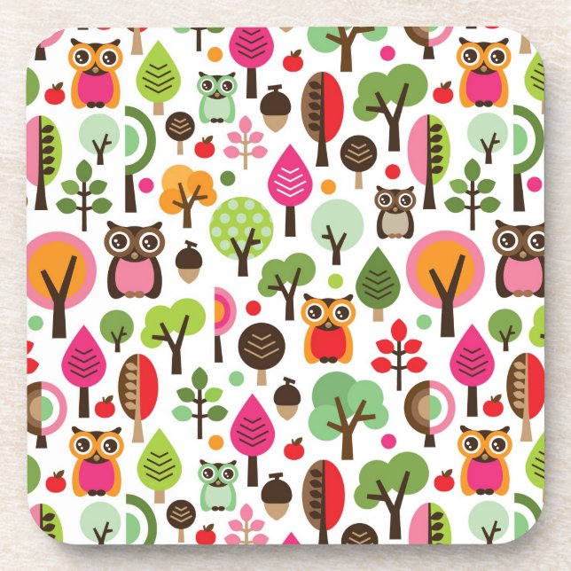 pink leaf tree retro owl pattern coaster (Front)