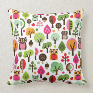 pink leaf tree retro owl pattern cushion