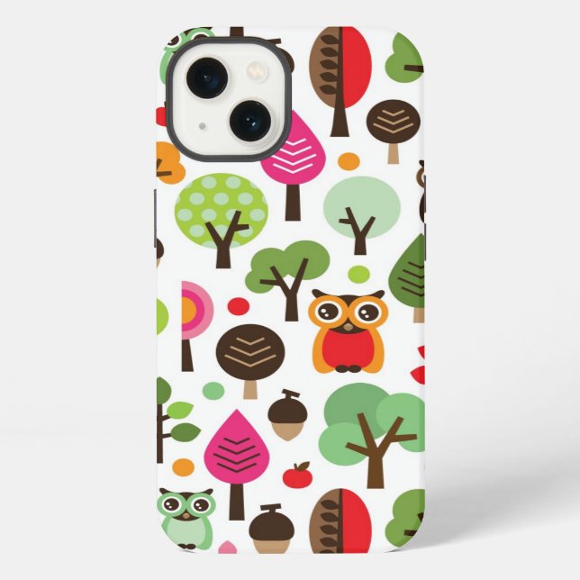 pink leaf tree retro owl pattern iPhone case (Back)
