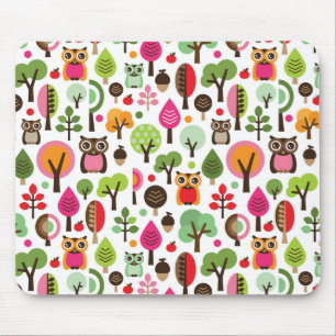 pink leaf tree retro owl pattern mouse pad