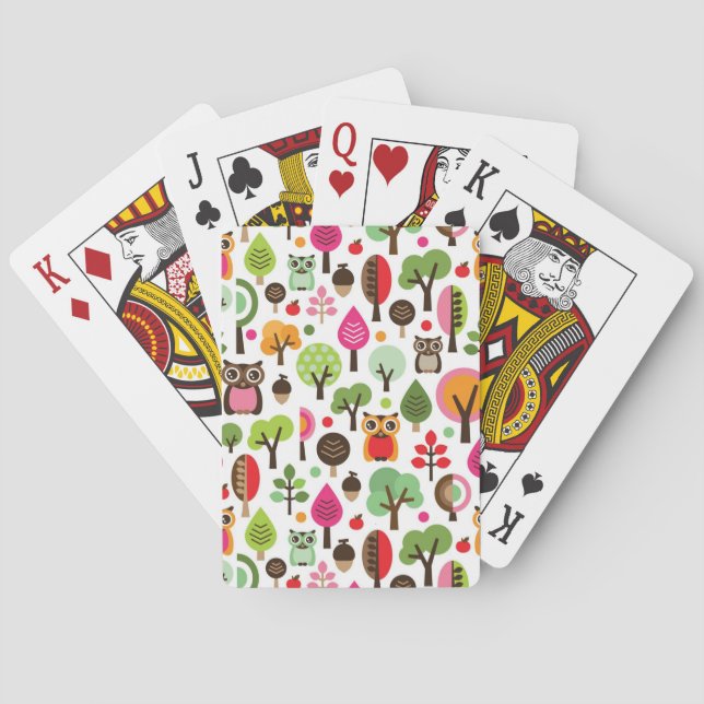 pink leaf tree retro owl pattern playing cards (Back)