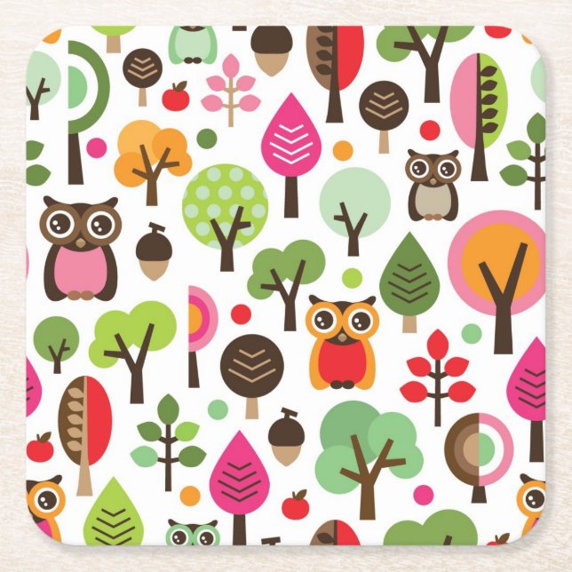 pink leaf tree retro owl pattern square paper coaster (Front)