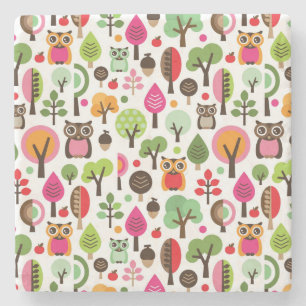 pink leaf tree retro owl pattern stone coaster