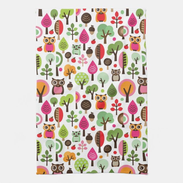 pink leaf tree retro owl pattern tea towel (Vertical)