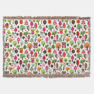 pink leaf tree retro owl pattern throw blanket