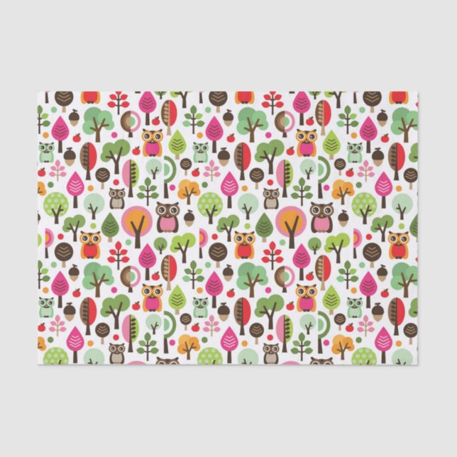 pink leaf tree retro owl pattern tissue paper (Front)