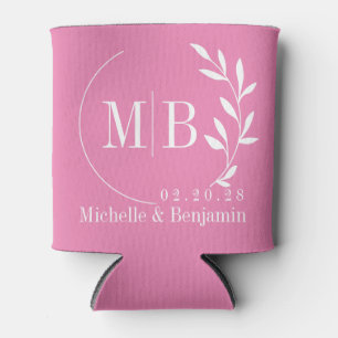 Pink Leaf Wedding Monogram Can Cooler