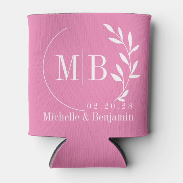 Pink Leaf Wedding Monogram Can Cooler (Front)