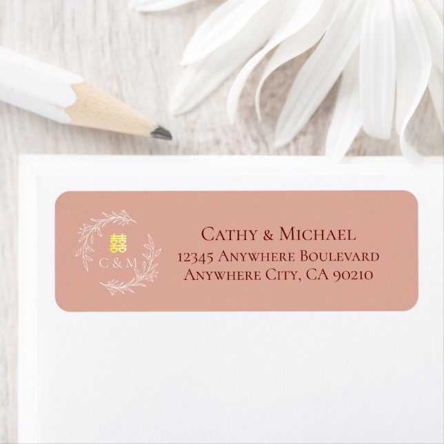 Pink leaf wreath Chinese wedding return address (Insitu)