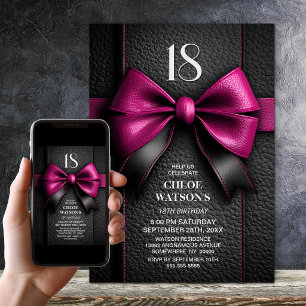 Pink Leather Bow 18th Birthday Party Invitation