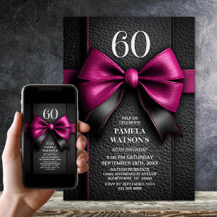 Pink Leather Bow 60th Birthday Party Invitation
