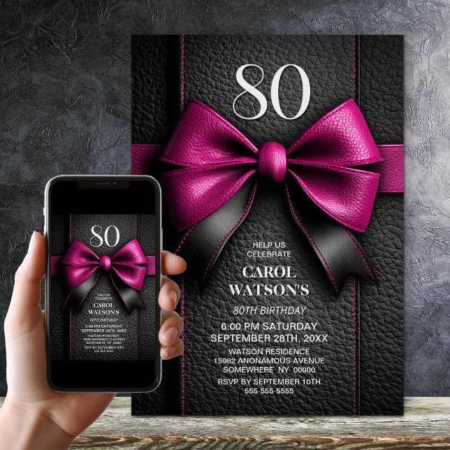 Pink Leather Bow 80th Birthday Party Invitation (Creator Uploaded)