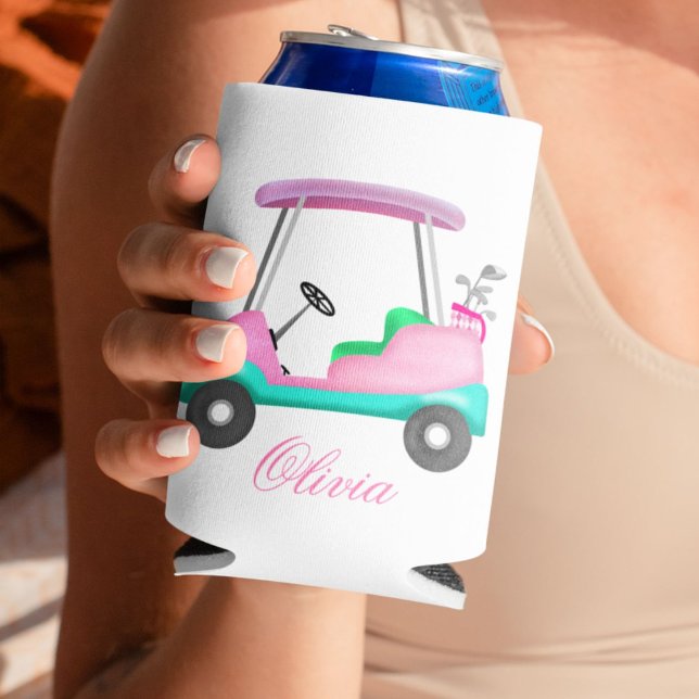 Pink Leather Elegant Golf Cart Name Can Cooler (Creator Uploaded)