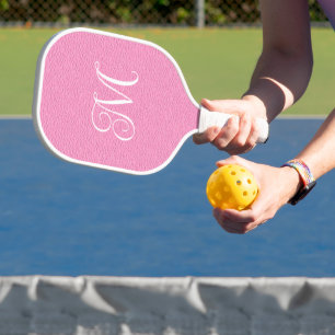 Pink Leather Look Girly Curly Calligraphy Monogram Pickleball Paddle