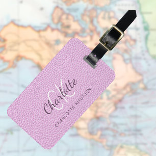 Pink leather monogram name luggage tag