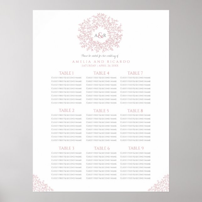 Pink leaves circle wedding seating chart poster (Front)