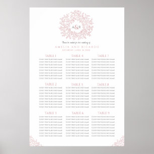 Pink leaves circle wedding seating chart poster