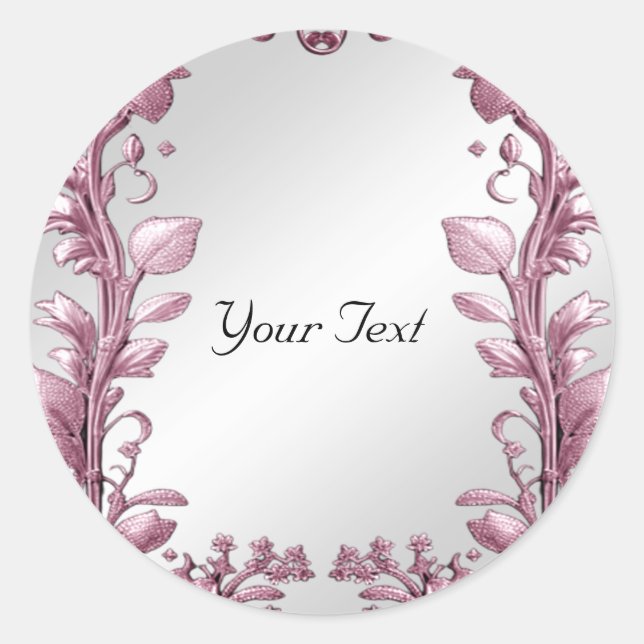 Pink Leaves Flourish Floral Classic Round Sticker (Front)