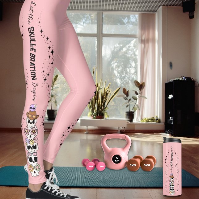Pink Leggings Halloween Cute Goth Skulls (This listing is for the Pink leggings see separate listing same collection for Pink Thermal Tumbler)