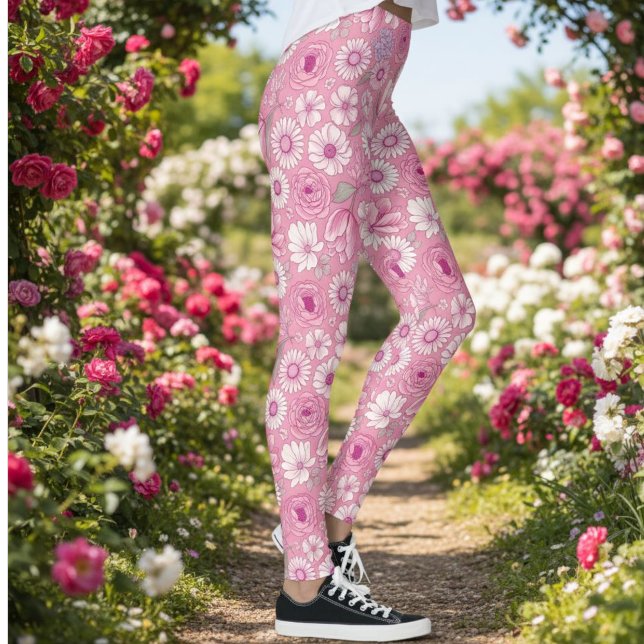 Pink leggings with white rose and daisy pattern (Creator Uploaded)