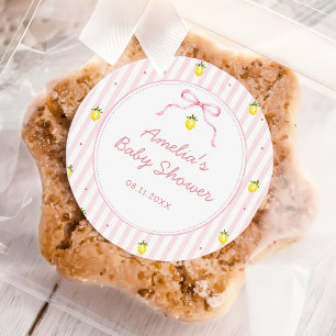 Pink Lemon Citrus Stripes Baby Shower Sticker