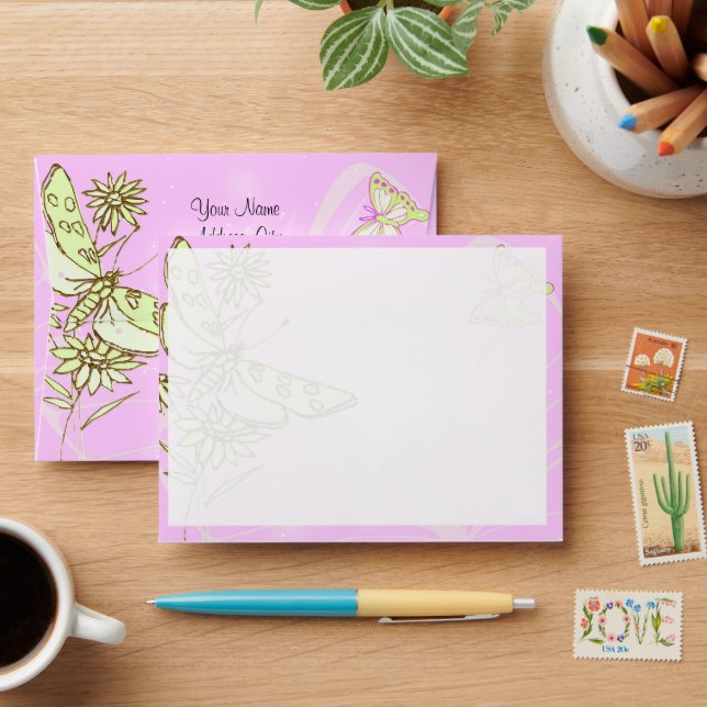 Pink Lemon Lime Butterfly Note Envelope (Desk)