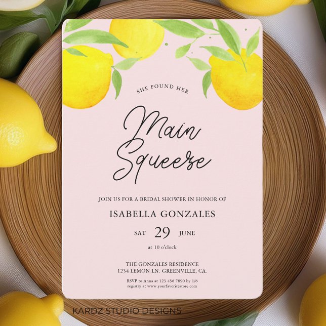 Pink Lemon Main Squeeze Bridal Shower Invitation (This citrus summer bridal shower invitation is shown in 5 x 7 inches. Other sizes available.)