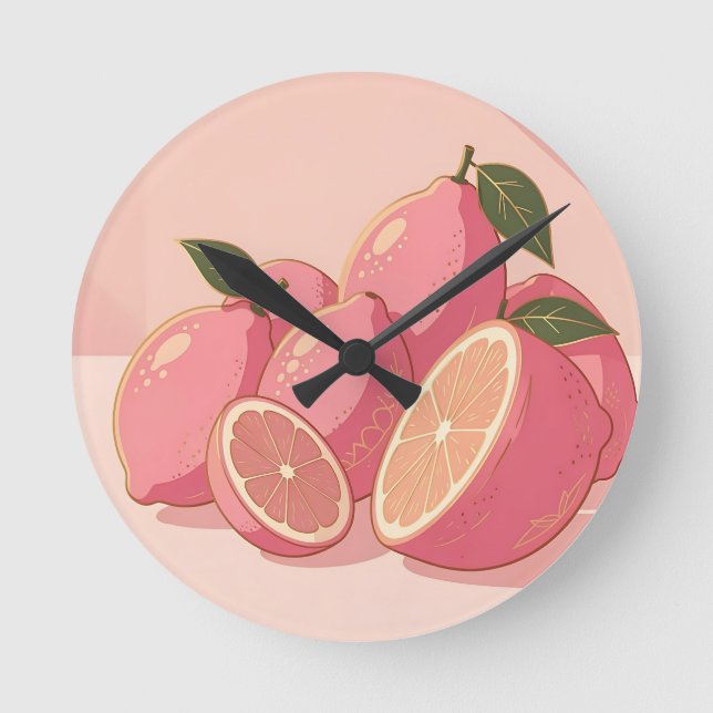 Pink Lemon Modern Feminine Citrus Round Clock (Front)
