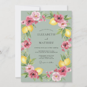 Pink Lemon Wreath Wedding Invitation