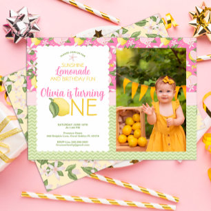 Pink Lemonade 1st Birthday Photo Invitation