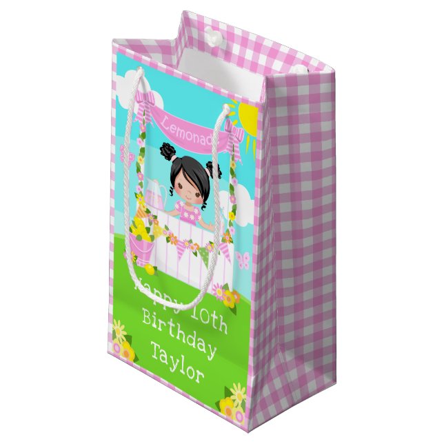 Pink Lemonade Black Hair Girl Happy Birthday Small Gift Bag (Front Angled)