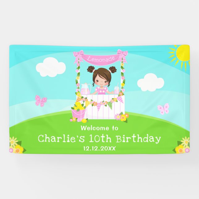 Pink Lemonade Brown Hair Girl Birthday Welcome Banner (Horizontal)