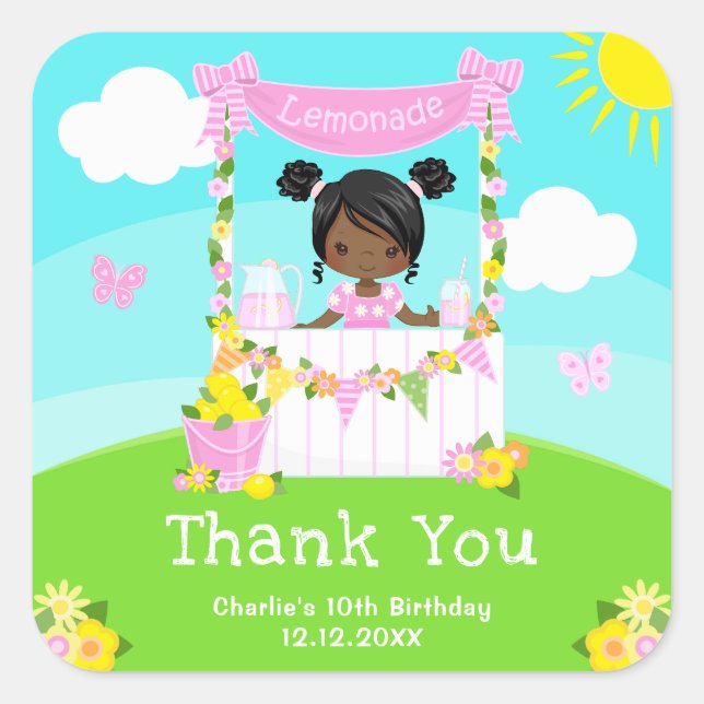 Pink Lemonade Dark Skin Girl Birthday Thank You Square Sticker (Front)