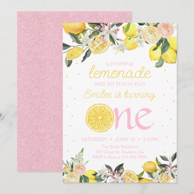 Pink Lemonade Floral First Birthday Sunshine  Invitation (Front/Back)