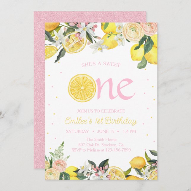 Pink Lemonade Floral First Birthday Sunshine  Invitation (Front/Back)