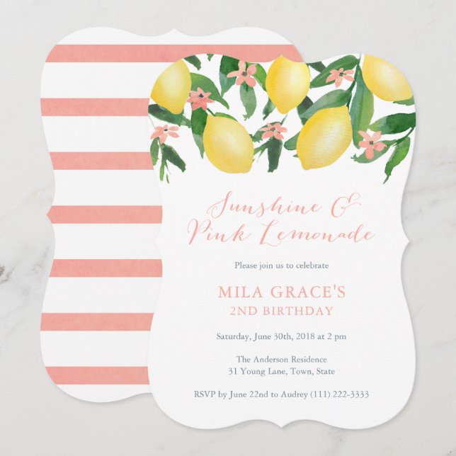 Pink Lemonade Girl Lemons Birthday Party Invitation (Front/Back)
