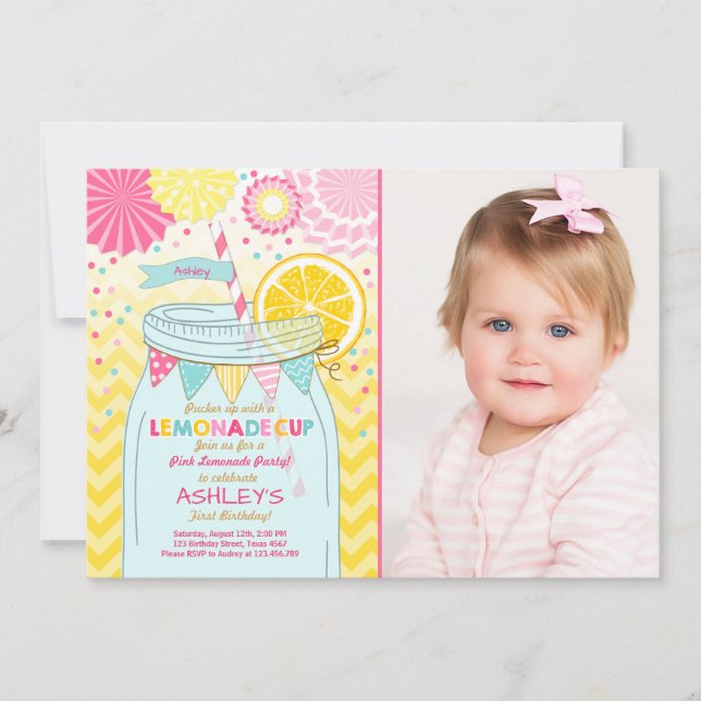 Pink lemonade Invitation Sunshine First Birthday (Front)