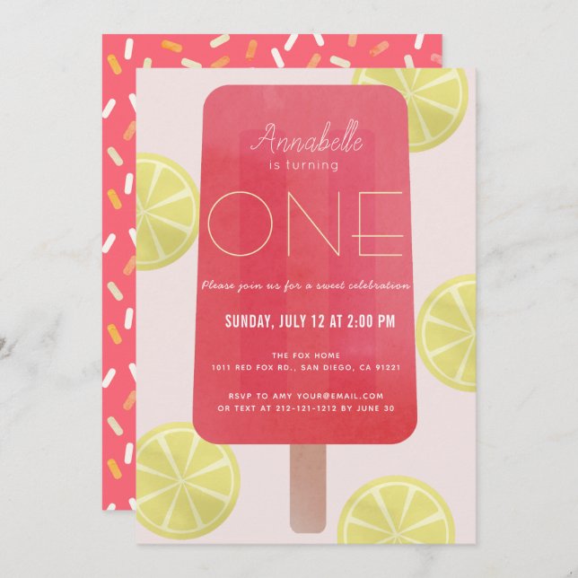 Pink Lemonade Popsicle Girl 1st Birthday Invitation (Front/Back)