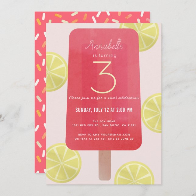 Pink Lemonade Popsicle Girl Birthday Invitation (Front/Back)