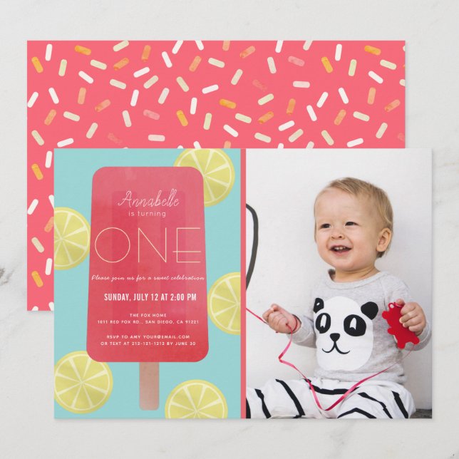 Pink Lemonade Popsicle Girl Photo 1st Birthday Invitation (Front/Back)