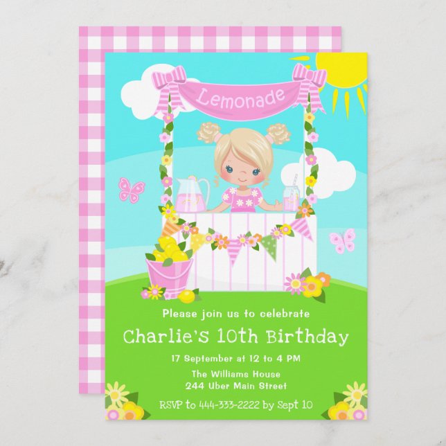 Pink Lemonade Stand Birthday Blonde Hair Girl Invitation (Front/Back)