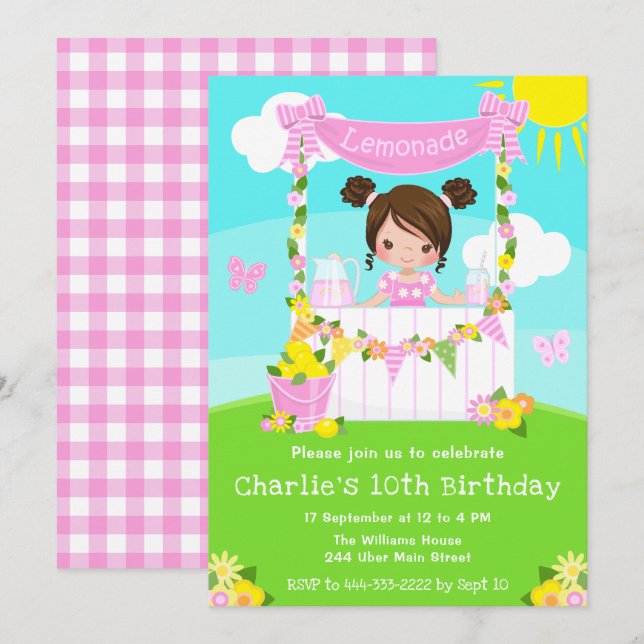 Pink Lemonade Stand Birthday Brown Hair Girl Invitation (Front/Back)