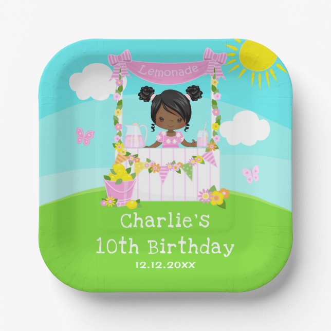 Pink Lemonade Stand Birthday Dark Skin Girl Paper Plate (Front)