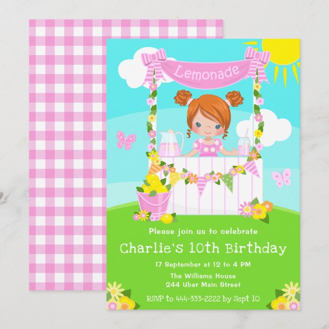 Pink Lemonade Stand Birthday Red Hair Girl Invitation (Front/Back)