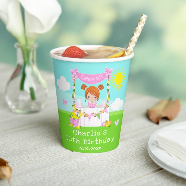 Pink Lemonade Stand Birthday Red Hair Girl Paper Cups (Insitu)