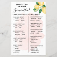 Pink Lemons How well do you know Bride Game Card