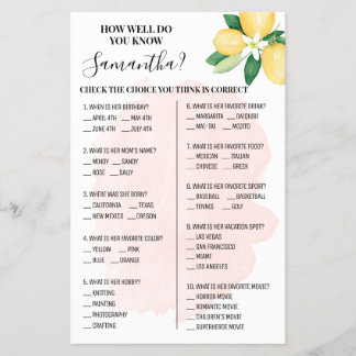 Pink Lemons How well do you know Bride Game Card