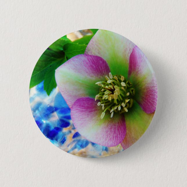Pink Lenten Rose blue glass ball 6 Cm Round Badge (Front)