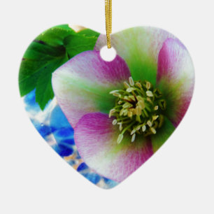 Pink Lenten Rose blue glass ball Ceramic Tree Decoration