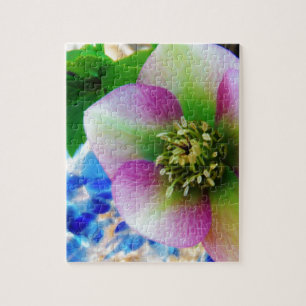 Pink Lenten Rose blue glass ball Jigsaw Puzzle